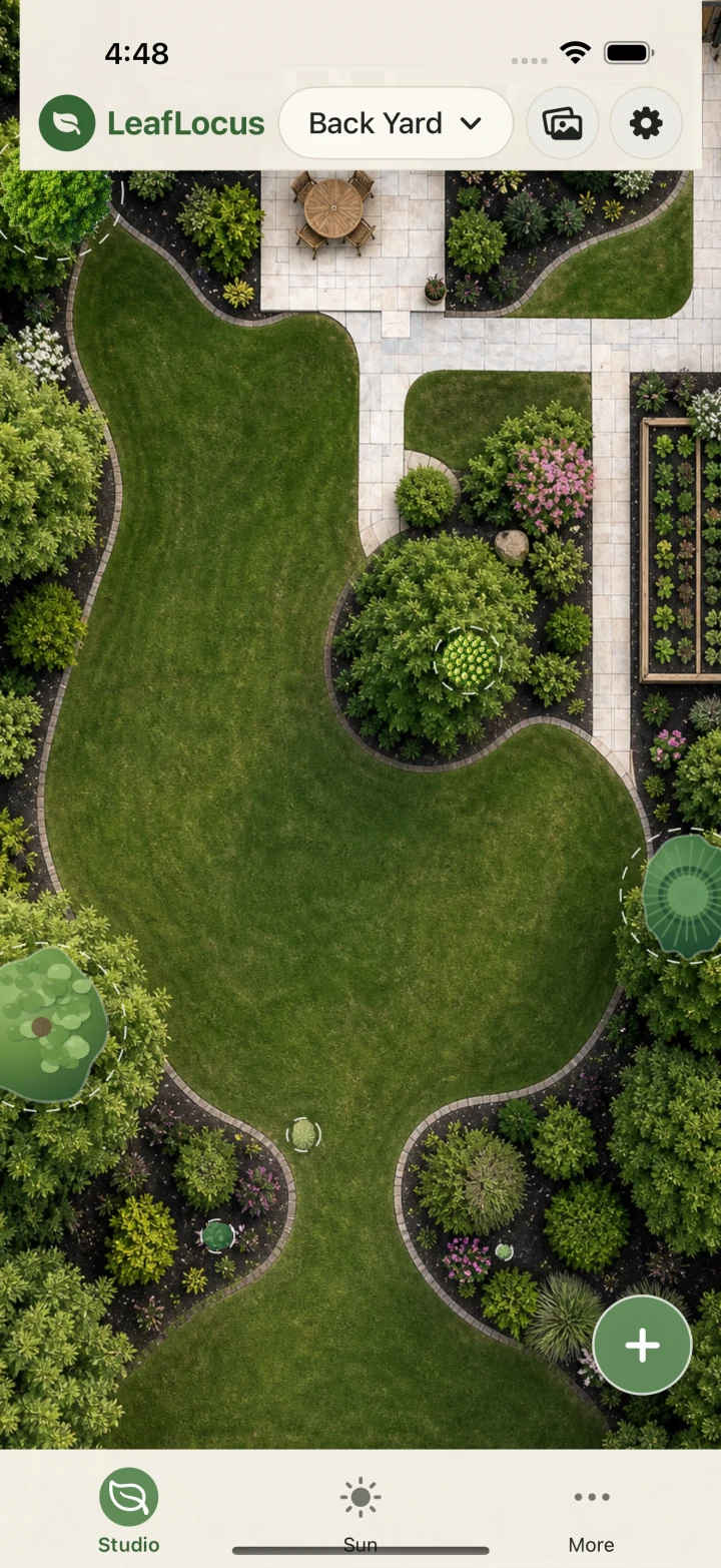 LeafLocus yard overview showing plants arranged on an aerial garden image