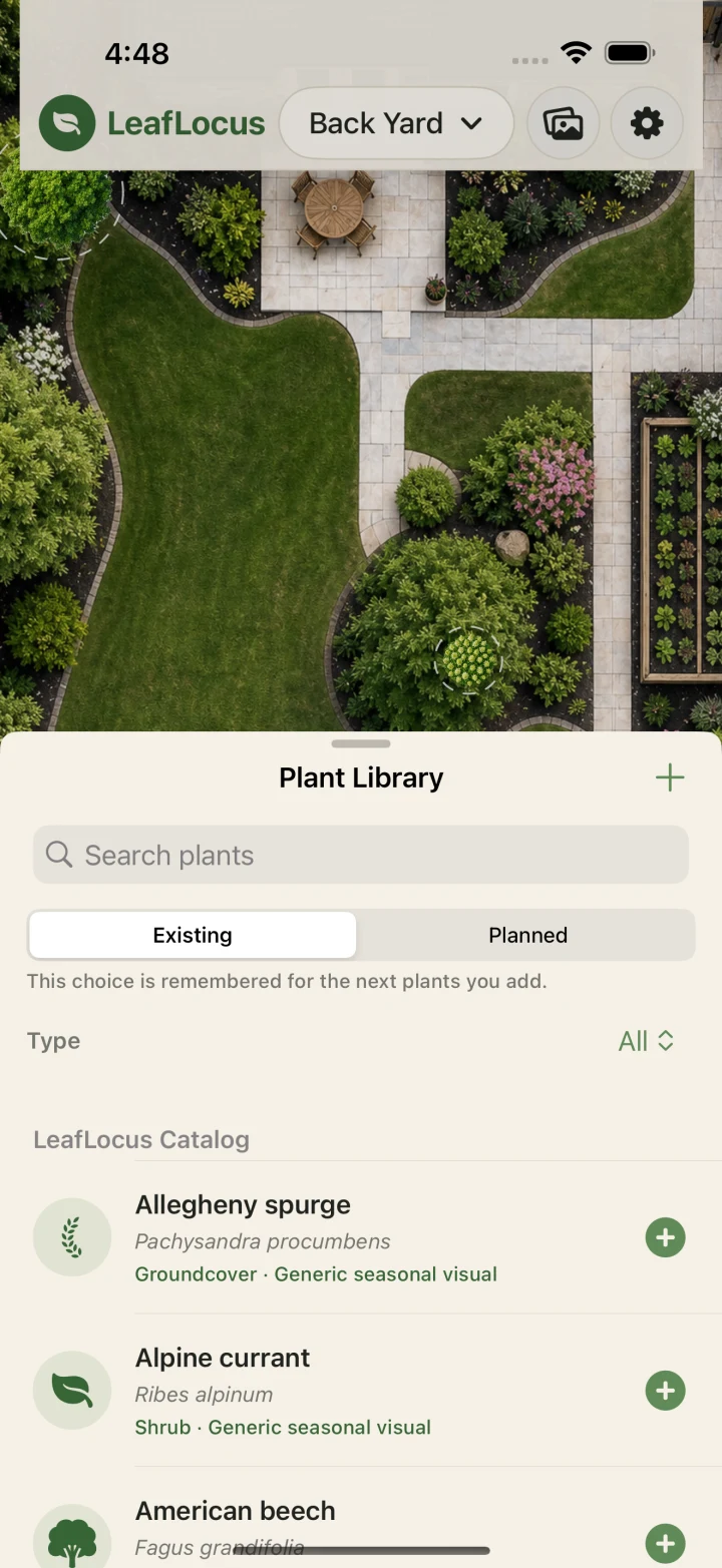 LeafLocus plant library open over a mapped garden