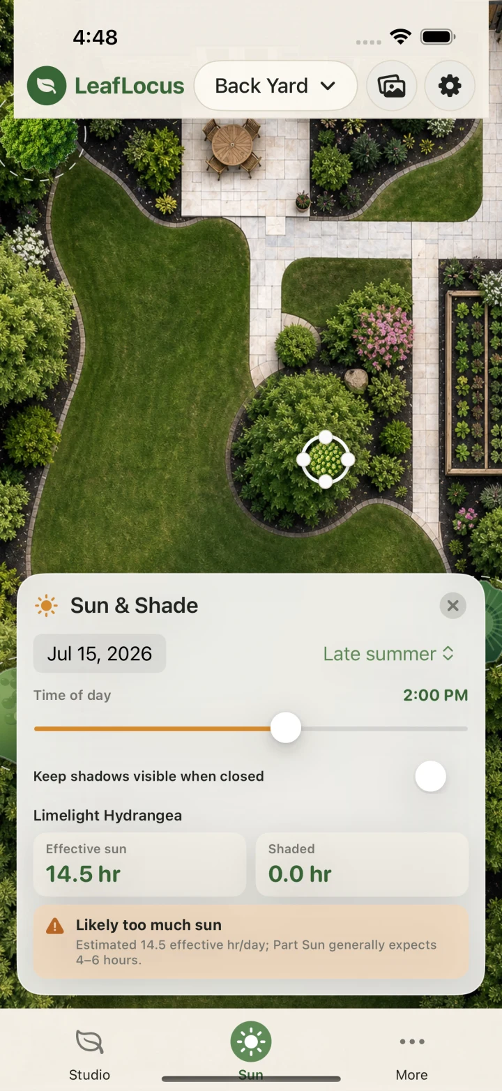 LeafLocus sun and shade analysis for a mapped garden