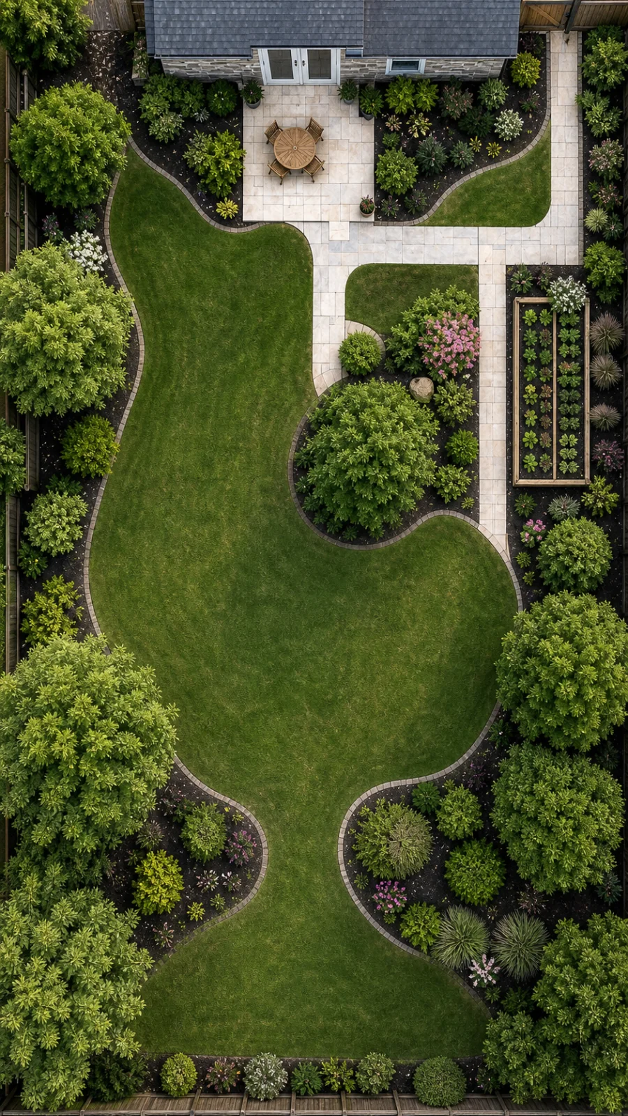 Top-down aerial garden used as a LeafLocus yard plan
